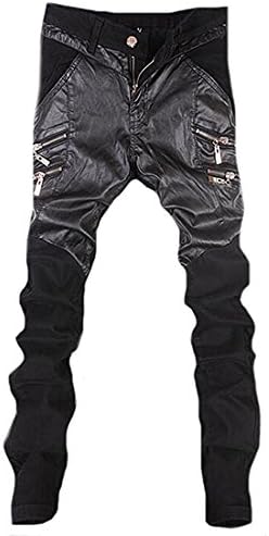 Kebinai Fashion Men's Luxury Spliced Multi Pocket Skinny Pu-Leather Pants Black32