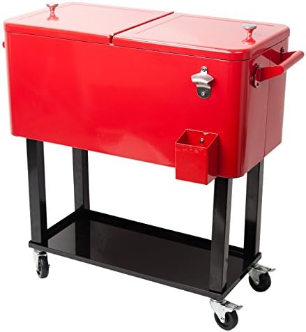 HIO 80 Qt Outdoor Patio Cooler Table On Wheels, Rolling Cooler With Shelf, Red