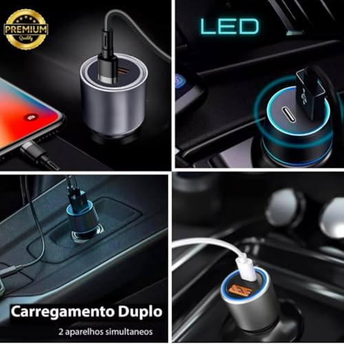 Carregador Veicular Turbo 60W Pro, Kit com Cabo USB-C. Duas portas USB 3.0 + USB-C, Led, Carregamento Rápido 9.1A Fast Charge Carro/Automotivo Compatível com IOS e Android – Premium (Preto)