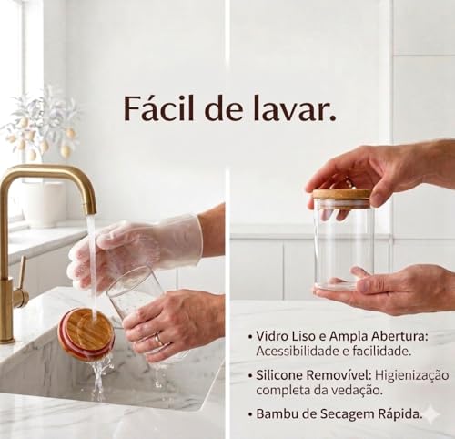 Kit com 11 Potes para Mantimentos Herméticos de Vidro com Tampa de Bambu, Vedação em Silicone, Organizador e Armazenamento para Cozinha e Despensa, Porta manetimentos.