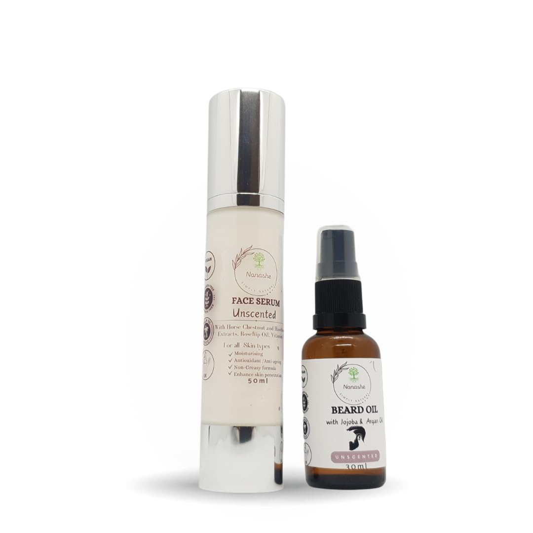 Nonashe Handmade Skincare Kit For Men, Beard Oil + Face Serum - Natural Ingredients, For Healthy, Moisturise, Anti Ageing, Softens Beard,Skin, Perfect Gifts (Kit Unscented (Beard Oil & Face Serum)