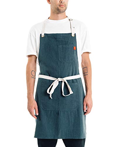Caldo Linen Kitchen Apron - Mens and Womens Linen Bib Apron - Adjustable with Pockets (Spruce)