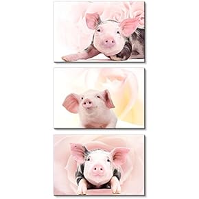 Pink Little Pigs on Floral Background x3 Panels