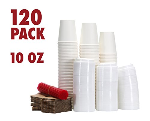 120 Paper Coffee Hot Cups with Lids, Stirrers, Sleeves, Disposable Travel Cups - 8oz 10oz 12oz or 16 ounces - Great for Office, Car, Hot Beverage To Go Cup Mug, White Paper Cup (White Lids, 10 Ounces)