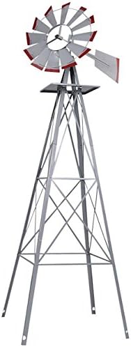 8FT Tall Ornamental Windmill Windspinner Silver Gray And Red Wind Wheel Outdoor Patio Garden Yard Décor Weather Vane Heavy Steel Structure Durable Wind Spinner