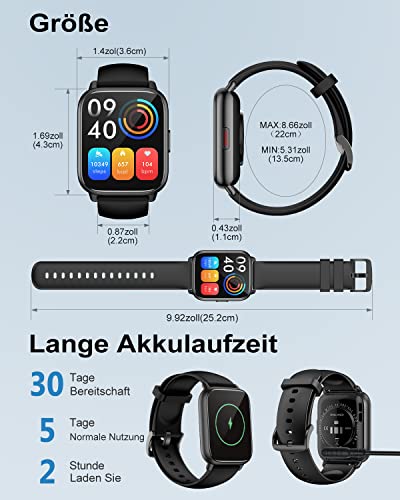 RUIMEN Smartwatch with Phone Function, Smartwatch for Men and Women, 1.85 Inch HD Screen Fitness Watch with SpO2 Monitoring, Heart Rate Monitor, Sleep Monitor, Pedometer Watch, 110+ Training Modes for Android iOS (2 Bands)