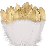 UNEEDE 42 Pcs Gold Dipped White Glitter Feather Goose Real Feather Natural Craft Art Soft Native Feather Accessories for Easter Decor,Christmas, DIY, Party, Valentines Day Decor,Wedding, Dream Catcher