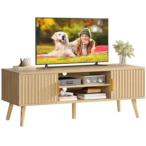 FIONESO Fluted TV Stand for 32-60 Inch TV, TV Console, Entertainment Center with 2 Cabinets & Shelf, TV Table, Media Console with Gold Handle for Living Room, Natural
