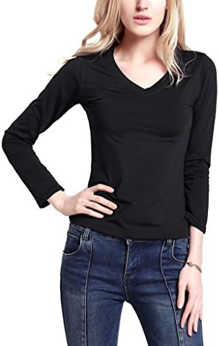 EYAN Women's V Neck Long Sleeve Shirts, Cotton Basic T Shirt, Elastic Breathable Blouses Tops (XXL,Black)