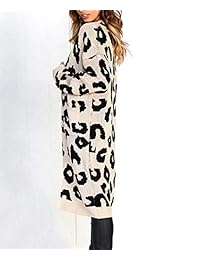 FAFOFA - Chaqueta de punto de manga larga con estampado de leopardo para mujer, con bolsillo