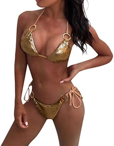 JiaMeng Women 2 Pieces Swimsuit Sprkling Sequin Rhinestone Crystal Diamond Push-up Bikini Set Halter Neck Bikini Swimwear