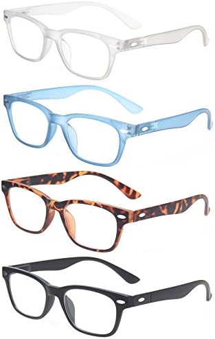 Reading Glasses 4 Pack Fashion Men and Women Readers Spring Hinge Glasses for Reading (Gray Blue Tortoise Black, 3.50)