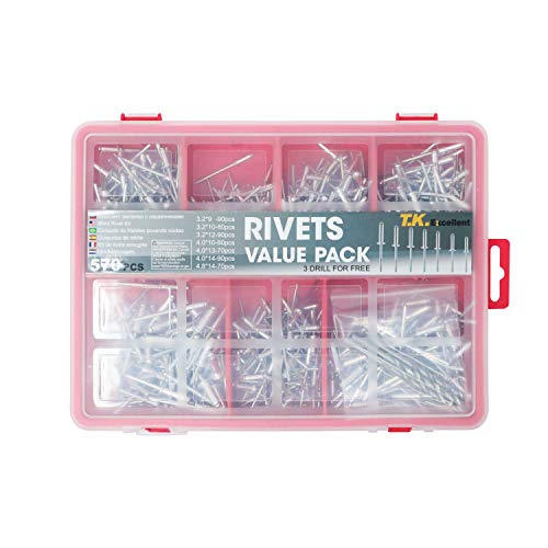 T.K. Excellent Small Head Aluminum Steel Mandrel Pop Rivets Assortment Kit,570Pcs +Free Drill 3 Pcs
