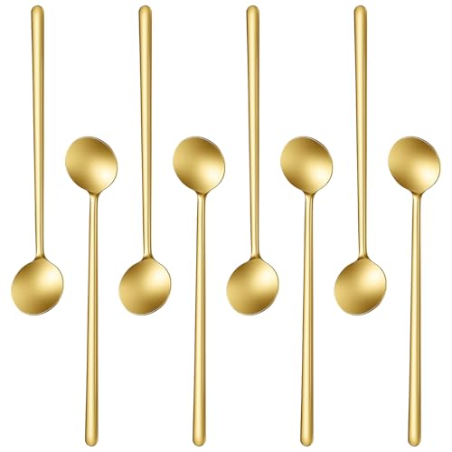 Xindojuz 8 PCS 6.7 Inch Long Handle Espresso Spoons, Stainless Steel Gold Coffee Spoons Set for Stirring Sugar Dessert Cake Ice Cream Sundae Latte Soup Antipasto Cappuccino Coffee Tea Bar Spoon