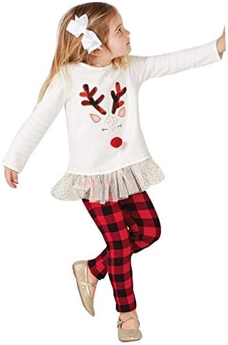Sikye Toddler Kids Baby Girl Clothes Christmas Reindeer Print Long Sleeve T Shirt Top and Plaid Pant 2Pcs Set