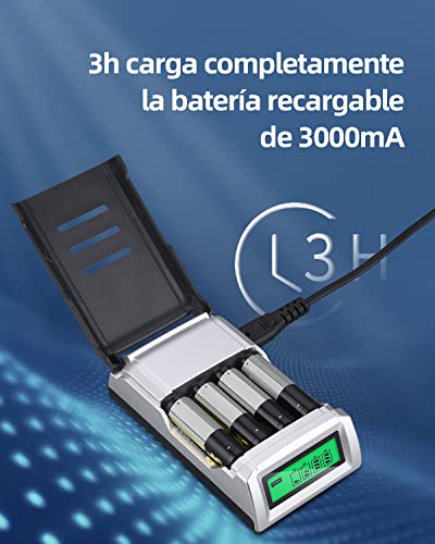 CkeyiN Universal Cargador ，Universal Cargador Rápido ，con 4 Ranura Independiente ，para Pila Recargable AA, AAA,Ni-MH,Ni-Cd Clase de eficiencia energética A++ /Negro