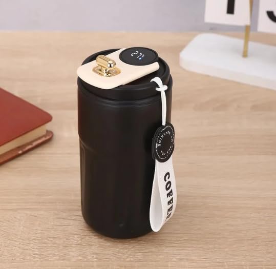 Copo Térmico Café 450ml Inox com Display Digital LED de Temperatura, Antivazamento, Portátil com Alça e Tampa, Isolamento a Vácuo, Mantém Bebidas Quentes e Frias por Horas (Preto)