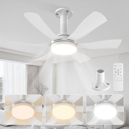 Airwit 28 Inch Socket Fan Light with Remote, Small White Ceiling Fan for Bedroom, Screw in Ceiling Fan with Light, Quiet Reversible DC Motor, E26/E27 Light Socket Fan