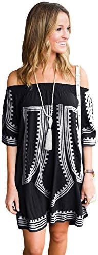 UBetterM White Bohemian Vibe Geometric Print Off The Shoulder Beach Dress