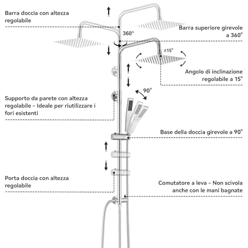 Auralum Shower Column without Mixer, Stainless Steel Shower Column with Riser Rail Adjustable Height 72-110 cm, Shower Rail with Shower Head and Handshower, Ideal Standard Shower Group for Bathtub