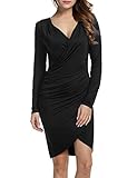 ANGVNS Women Long Sleeve Deep V-neck Pencil Dress Bodycon Solid Slim Party Banquet Knee Dress