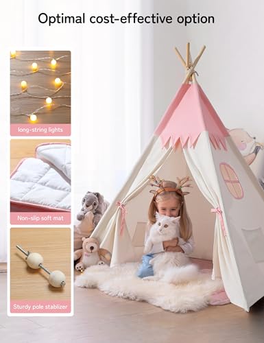 besrey Children's Play Tent Indian Canvas Teepee Cotton with Padded Mat and Fairy Lights (Pink and White)