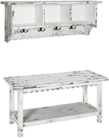 Rustic Cottage Coat Hook & Bench Set Blue Antique - Assembly Required, Cubby & Shelf Storage, Distressed Finish, Select Hardwoods, Wipe Clean - ACCA0304BA