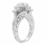 White / Rose / Yellow Gold Plated or Sterling Silver Hand Carved Vintage Inspired Blooming Rose Flower CZ Engagement Ring