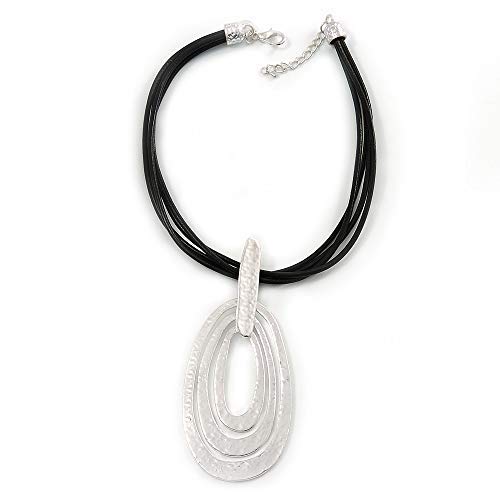 Avalaya Triple Oval Pendant with Black Leather Cords In Silver Tone - 40cm L/ 5cm Ext