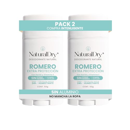 NaturalDry Desodorante Natural EXTRA PROTECCION | Delicioso aroma Romero | Sin Clorhidrato de Aluminio | Con Piedra de alumbre en polvo| No macha la ropa | NO ES ANTITRANSPIRANTE | Neutraliza el mal olor hasta 24 Horas | 50 G | (Pack de 2)