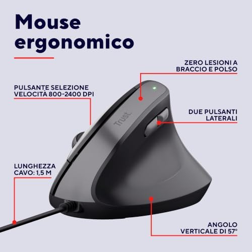 Yuno Mouse Ergonomico Cablato, Mouse Verticale per Destrorsi, Nero