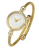 Top Plaza Womens Fashion Gold Tone Analog Quartz Bangle Cuff Bracelet Wrist Watch, Simple Elegant Stainless Steel Wire Band, 6.8 Inches(White Dial)