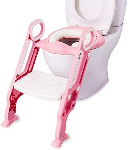 VETOMILE Baby Potty Toilet Trainer Seat for Children Kids Toddles with 2 PU Leather Replaceable Soft Padding Adjustable Sturdy Non-Slip Step Stool Ladder Suitable for O V U Shaped-Toilets Pink Color
