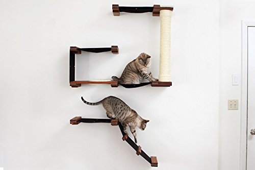 CatastrophiCreations Deluxe Cat Fort Wall Mounted Lounge, Climb and Play Furniture Cat Tree Shelves, English Chestnut Bamboo/Natural Canvas, one Size
