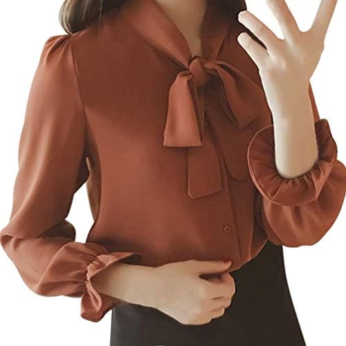 WOCACHI Women Bowknot Tie Lace-up Solid Long Sleeve Chiffon Work Shirt Blouse