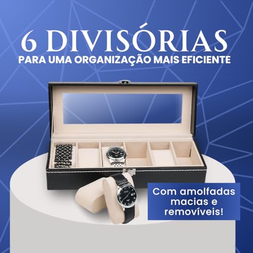 Porta Relógios Luxo em Couro Sintético - 6 Compartimentos, Almofadas Removíveis e Visor em Acrílico