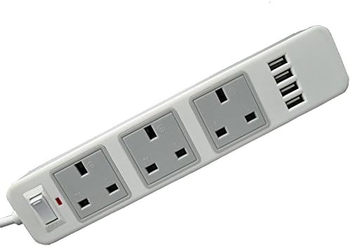 JnDee™ UK 3 Way 2M (6.6ft) Extension Lead Cable plus 4 USB Ports Power Strip - Surge Protector with Overload Protection Switch