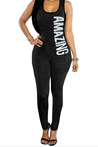TomYork Black Plunging V Back Letter Print Sleeveless Jumpsuit(Size,L)
