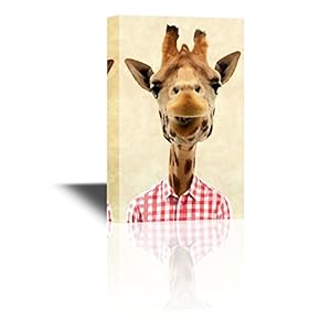 Mr Canvas Wall Art - Mr Giraffe Wearing a Red Check Shirt - Gallery Wrap Modern Home Art | Ready to Hang - 12x18 inches