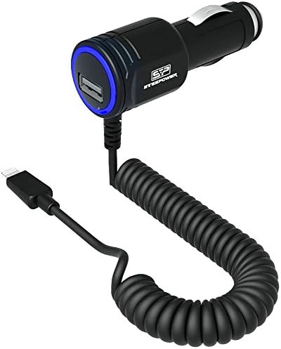 Steepower SP-8P01 8W / 2.1A Dual-Port Car Charger with Built-in 8-Pin Lightning Coiled Cord for Apple Iphone 6, 5, 5S, 5C, New Ipad Mini, Ipods &amp; Smartphones