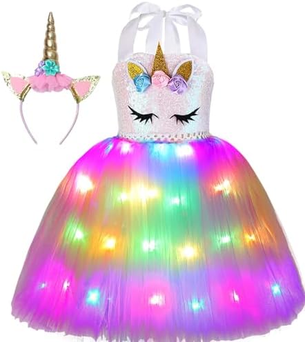 URAQT Disfraz Unicornio Niña 3 Piezas | Vestido Princesa Con Diadema Y Collar | Cumpleaños, Carnaval, Halloween