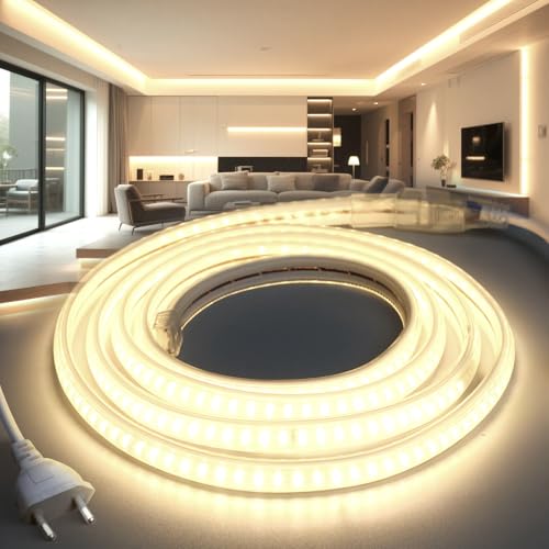 BRIMETI LED Strip 220 V 20 m Natural White 4000 K Waterproof Light IP65 High Brightness 145 LEDs S/M Flexible LED Tape Cuttable for Indoor Kitchen Garden Outdoor Party Decoration