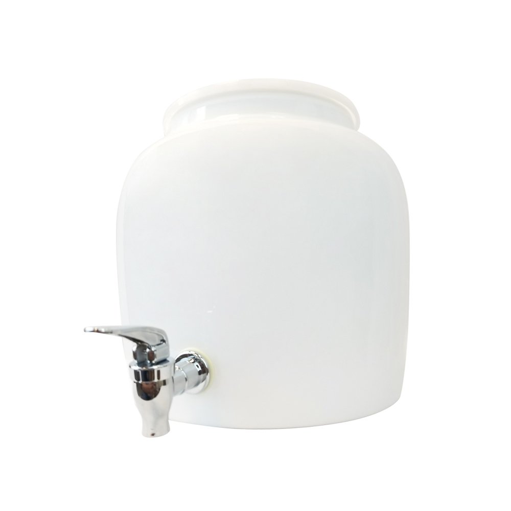 Premium Solid White Porcelain Water Crock Dispenser & Wood Counter