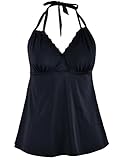 Hilor Women's Swimsuit V Neck Lace Swim Top Convertible Halter Tankini Flowy Swimwear