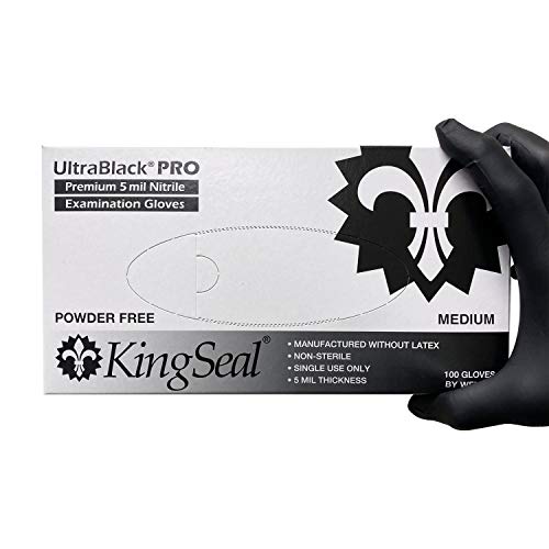 KingSeal UltraBlackPRO Large Nitrile Medical Grade Exam Gloves, Black, 5 MIL, Textured