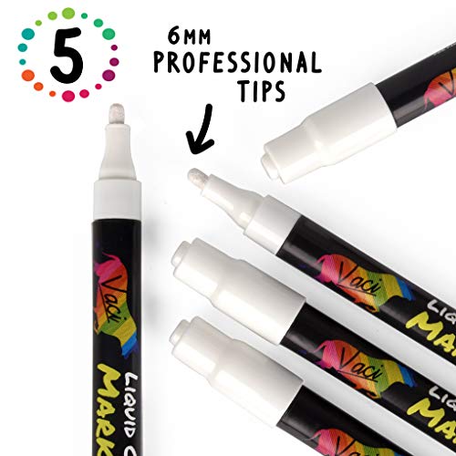 White Chalk Markers by Vaci, Pack of 5 White Markers Drawing Stencils + 16 Labels, Premium Liquid Chalkboard Neon Pens, Professional White Ink Tips