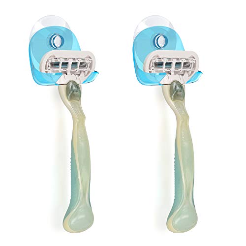 kwmobile 2X Razor Holder with Suction Cup - Self-Adhesive Shaver Wall Mount - Bathroom Organizer for Glass and Tiles - Light Blue/Transparent