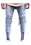 Men’s Skinny Slim Fit Straight Ripped Destroyed Distressed Zipper Stretch Knee Patch Denim Jeans (34, Blue)