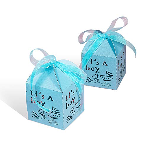 YOZATIA 50pcs Laser Cut Baby Carriage Favor Box Bomboniere Gift Candy Boxes Baby Shower Party Decoration,2.2 x 2.2 x 2.2 Inches（Blue）