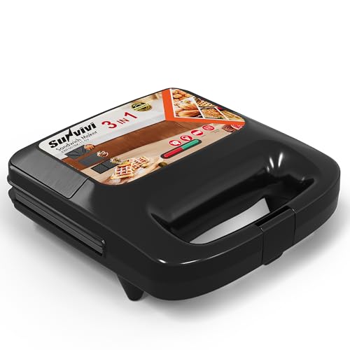Sunvivi 3 in 1 Electric Sandwich Maker: Panini Press Grill and Waffle Iron Set, Grill and Sandwich Press with Removable Nonstick Plates, Indicator Lights & Cool Touch Handle, 800W, Black